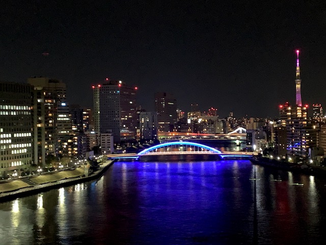 ピンクのスカイツリーとブルーの永代橋