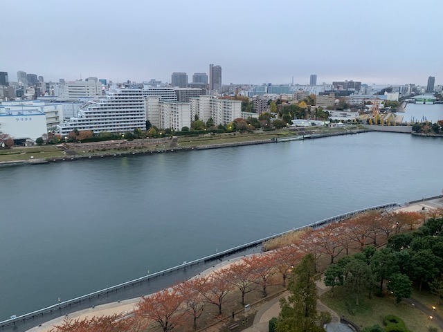 川沿いの木々すっかり紅葉「笑う目的」